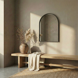  Arched black steel mirror, 60 cm wide and 80 cm tall, suitable for wall mounting in a living room or entryway.