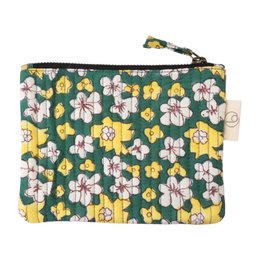  Printed cotton pouch with floral pattern in shades of teal and red. Compact size suitable for coins, cards, or small items. Durable zipper closure.