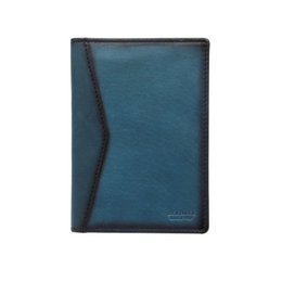  Blue leather passport holder, multi-compartment wallet, compact travel organizer with dark trim detail.