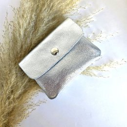  "Metallic silver mini wallet, small compact card holder, snap closure, shimmering finish"