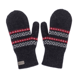 Black cashmere mittens with a traditional Nordic pattern in red and white.