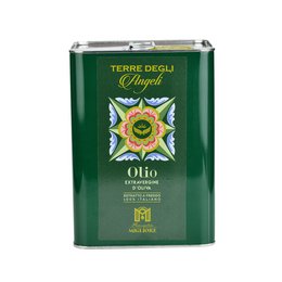 Extra virgin olive oil from Sicily, Italy. Green tin container with floral design. Vibrant green olive oil being poured.
