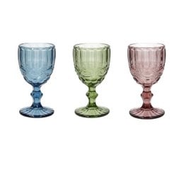Set of 3 assorted colored water/wine glasses, 27 cl capacity, with a classic ribbed design.