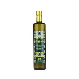 Organic extra virgin olive oil from Sicily, Italy. Raffaele brand. Bottle with traditional Sicilian design. Vibrant green color indicates high quality.