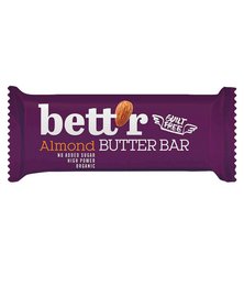 Organic almond butter bar, 30g, in a purple wrapper with the brand name "bett'r" printed on it.