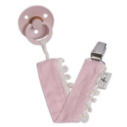 Pacifier holder with BOHO LEO Rose design, made of soft pink fabric with pom pom accents, suitable for attaching to baby's clothing or stroller.