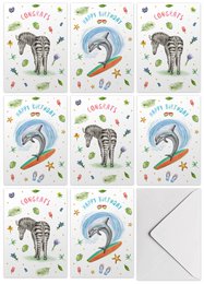 10 greeting cards congrats happy birthday with envelope - handpainted - postcard - zebra - dolphin - birthday - A6 size - watercolor