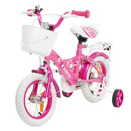 A pink 12-inch children's bicycle with training wheels, a front basket, and a bell. The bicycle is designed for young kids and features a bright, vibrant color scheme.