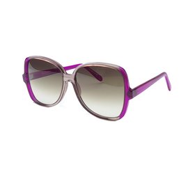 Large, rounded sunglasses in a translucent purple frame with a clear gradient lens. Stylish and fashionable accessory for sunny days.