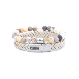  Black leather men's bracelet with woven texture and black metal closure.