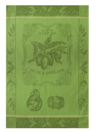 "Green tea towel with olive oil design, featuring olive branches and bottles. Suitable for kitchen and cooking use."