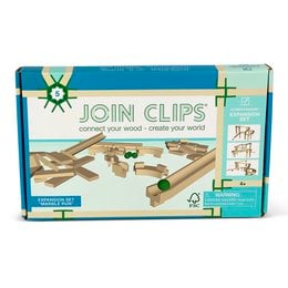 A set of wooden building clips in various shapes and sizes, designed to create customizable marble runs and other structures. The clips are made of natural wood and come in an assortment of geometric forms.