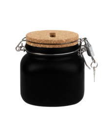 A black ceramic jar with a cork lid, designed to store small items or valuables. The simple, minimalist design makes it suitable for a variety of home decor styles.