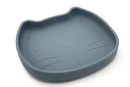 Smokey blue silicone dish with cat-shaped design, suitable for kids' plates.