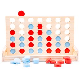 A wooden 4-in-1 row game with colorful red and blue circular pieces.