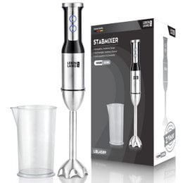A powerful 1000W hand blender with stainless steel construction, splash guard, and 8 speed settings plus turbo for versatile blending in the kitchen.