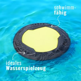  A round, floating dog toy with a wide, yellow surface for dogs to play with in the water.