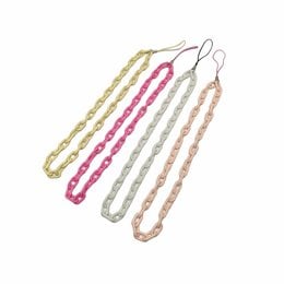 Link cell phone chain in various pastel colors including blue, yellow, red, turquoise, orange, fuchsia, and white. The chains feature a delicate, braided design that adds a stylish touch to any phone.