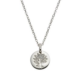 Delicate silver-tone pendant necklace featuring a tree of life design with sparkling crystal accents. Ideal for everyday wear or layering with other necklaces.