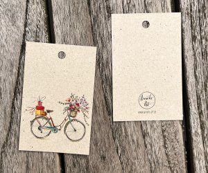 5 x gift tags | Colorful flower bike | 5 Set on grass paper | 85 x 55 mm