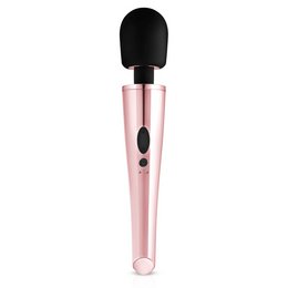 Rosy gold-colored personal massager with a soft, rounded shape and black applicator head.