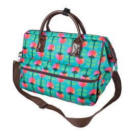  Weekender bag with peony rose pattern in teal, pink, and red. Durable canvas material with leather trim and handles. Suitable for weekend getaways or travel.