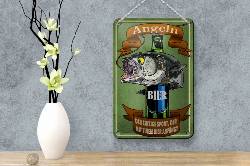 Tin sign saying 12x18cm fishing beer the only sport decoration