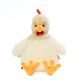 Soft, plush chicken toy with a cute, friendly design. Features a round body, fluffy white feathers, and a bright red comb on top. Perfect for children to cuddle and play with.