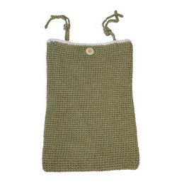 Olive green standing storage bag for kids, made of woven material with handles.
