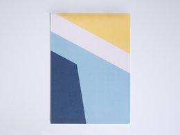 Geometric poster with abstract shapes in blue, yellow, and white. Suitable for modern home decor.