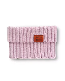 Blue knitted scarf with a chimney-style design, suitable for kids. Made of soft, warm material. Features a ribbed texture and a small leather tag.