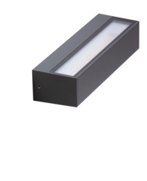 Rectangular outdoor lighting fixture in a dark gray color with a white diffused light panel.