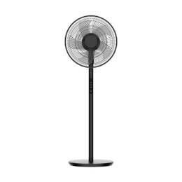 A tall, black pedestal fan with a remote control, LED display, and 5 modes for energy-saving, oscillating, and silent operation. The fan has a 3510m3/h airflow and a timer function.