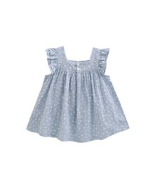  Blue baby dress with star print, flutter sleeves, and a smocked bodice.