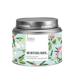 A 30g can of organic alpine herbs and winter linden tea, featuring a blend of green and purple leaves, flowers, and herbs.