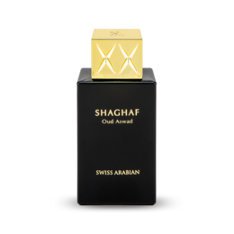 Black perfume bottle gold square cap luxury oud fragrance Swiss Arabian elegant design