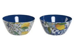  Decorative ceramic salad bowls with a floral and leaf pattern in shades of blue, white, and yellow. The bowls have a round, shallow shape and measure approximately 25cm x 25cm x 12cm.