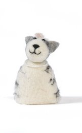 A small, plush cat-shaped egg cozy in a gray and white color scheme, measuring approximately 11 cm in height. The egg cozy is made of polyurethane (PU) material and is suitable for home decoration.