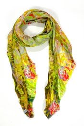 "Green floral scarf with pink flowers, modal silk blend, lightweight wrap, botanical print design"
