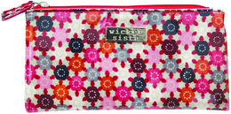 A vibrant, floral-patterned cosmetic case or purse in shades of pink, red, and white with a zipper closure.