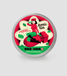 Organic shaving soap with a retro-inspired design featuring a stylized atomic-era woman. The soap is suitable for beard care and has a unique, vintage-inspired aesthetic.