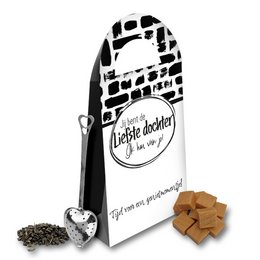 Tea package with the text "Dearest Daughter" on a white background, featuring tea leaves, a heart-shaped tea bag, and a cozy, intimate setting.
