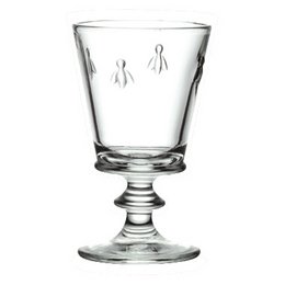 Set of 6 clear glass wine glasses with bee motif, suitable for serving wine.