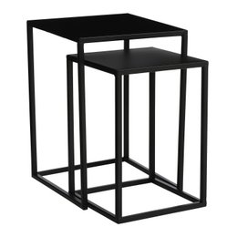 A set of 2 black metal side tables, each measuring 30 x 30 x 42 cm, with a minimalist, modern design.
