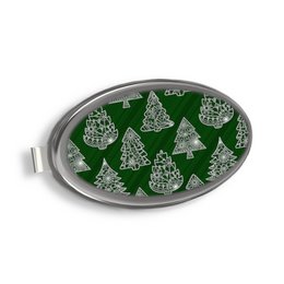 A silver-colored magnetic phone and key holder with a green background featuring white Christmas tree designs. The holder is oval-shaped and can be used to store phones, keys, and other small items.