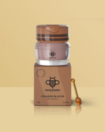  Chocolate lip scrub, brown jar with wooden lid, exfoliating beauty product, natural skincare treatment.