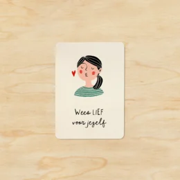 A small, rectangular thank you card with a simple illustration of a smiling person's face and the text "Thank you!" The card has a neutral, off-white background color.