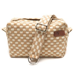 Crossbody Megan Bag 03, a beige and white woven gift bag with a strap for carrying.