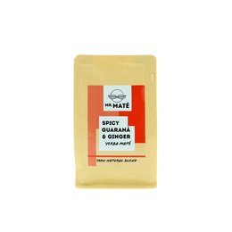 Yerba mate tea blend with guarana and ginger, packaged in a yellow pouch with the brand logo. The tea leaves are visible in the image.