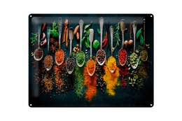  Colorful spices on silver spoons, dark green background, kitchen wall art, decorative tin sign
